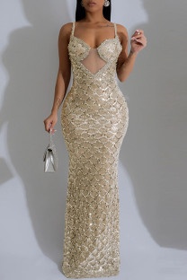Apricot Sexy Party Formal Patchwork Sequins Backless Spaghetti Strap Long Dresses