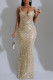 Apricot Sexy Party Formal Patchwork Sequins Backless Spaghetti Strap Long Dresses