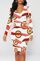White Red Elegant Graffiti Print Contrast V Neck Printed Dresses