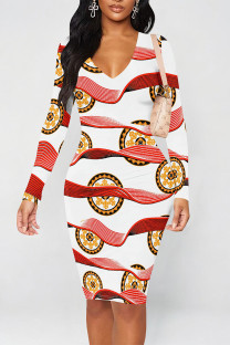 White Red Elegant Graffiti Print Contrast V Neck Printed Dresses