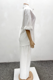 White Casual Solid Color Buckle Patchwork Shirt Collar Long Sleeve Two Pieces