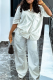White Casual Solid Color Pocket Buckle Turndown Collar Half Sleeve Two Pieces