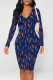 Tibetan Blue Elegant Graffiti Print Contrast V Neck Printed Dresses