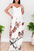 White Sexy Floral Print The stars Pocket Contrast V Neck Printed Dresses