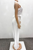 White Casual Solid Color Buttons Turndown Collar Sleeveless Two Pieces