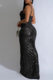 Grey Sexy Party Formal Patchwork Sequins Backless Spaghetti Strap Long Dresses