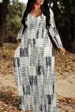 White Orange Casual Geometric Print Pocket Contrast O Neck Printed Dresses