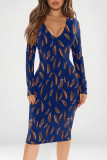 Lake Blue Elegant Graffiti Print Contrast V Neck Printed Dresses