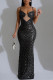 Black Sexy Party Formal Patchwork Sequins Backless Spaghetti Strap Long Dresses