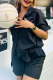 Black Casual Solid Color Buckle Patchwork Turndown Collar Short Sleeve Two Pieces