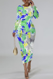 Black Elegant Floral Print Contrast O Neck Printed Dresses