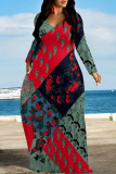 Lake Blue Casual National Totem Print Pocket Contrast O Neck Printed Dresses