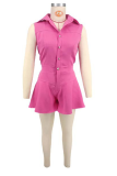 Pink Sexy Solid Color Buckle Patchwork Turndown Collar Boot Cut Rompers