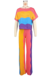 Rainbow Color Casual Colorblock Patchwork Oblique Collar Short Sleeve Two Pieces