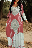 Lake Blue Casual National Totem Print Pocket Contrast O Neck Printed Dresses