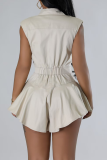Pink Sexy Solid Color Buckle Patchwork Turndown Collar Boot Cut Rompers