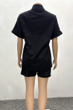 Black Casual Solid Color Buckle Patchwork Turndown Collar Short Sleeve Two Pieces
