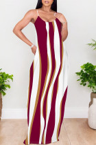 White Red Sexy Geometric Print Pocket Contrast V Neck Printed Dresses
