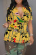 Yellow Casual Plaid Flowers Contrast V Neck T-Shirts