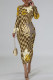Dark Khaki Elegant Floral Print Contrast O Neck Printed Dresses