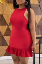 Red Sexy Casual Solid Color Ruffle Hem O Neck Wrapped Skirt Dresses