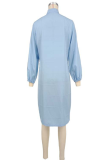 Blue Casual Print Buckle Patchwork Button Collar Long Dresses