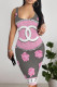Gray Pink Sexy Letter Print Flowers Contrast U Neck Printed Dresses