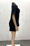 Black Casual Solid Color Buckle Patchwork Turndown Collar Short Sleeve Two Pieces