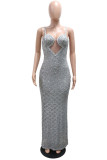 Grey Sexy Party Formal Patchwork Sequins Backless Spaghetti Strap Long Dresses