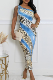 Blue Sexy Print Patchwork Oblique Collar Long Dresses