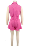 Pink Sexy Solid Color Buckle Patchwork Turndown Collar Boot Cut Rompers