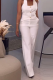 White Casual Solid Color Buttons Turndown Collar Sleeveless Two Pieces