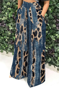 Blue Brown Casual Faux Denim Print Leopard Pocket Contrast Loose High Waist Wide Leg Full Print Bottoms