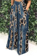 Blue Brown Casual Faux Denim Print Leopard Pocket Contrast Loose High Waist Wide Leg Full Print Bottoms