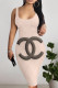 Apricot Sexy Letter Print Gradient Contrast U Neck Printed Dresses