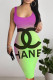 Purple Green Sexy Letter Print Gradient Contrast U Neck Printed Dresses