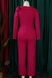 Deep Rose Red Casual Solid Color Patchwork Slit Strap Design O Neck Long Sleeve Two Pieces
