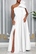 White Sexy Party Formal Solid Color Slit Oblique Collar Long Dresses
