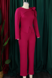 Deep Rose Red Casual Solid Color Patchwork Slit Strap Design O Neck Long Sleeve Two Pieces