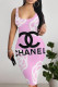 Pink Sexy Letter Print Gradient Contrast U Neck Printed Dresses
