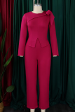 Deep Rose Red Casual Solid Color Patchwork Slit Strap Design O Neck Long Sleeve Two Pieces