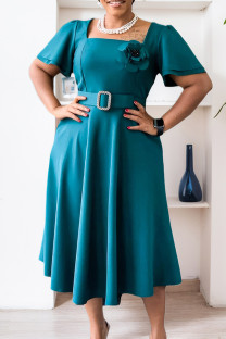 Green Casual Daily Solid Color With Belt Flowers Square Neck A Line Short Sleeve Dress