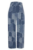 Leopard Print Casual Faux Denim Print Leopard Pocket Contrast Loose High Waist Wide Leg Full Print Bottoms