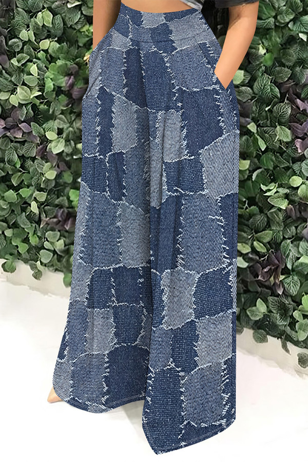 Blue Casual Faux Denim Print Leopard Pocket Contrast Loose High Waist Wide Leg Full Print Bottoms