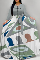 Grey Casual Colorblock Print Pocket With Belt O Neck Printed Dresses