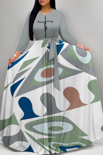 Grey Casual Colorblock Print Pocket With Belt O Neck Printed Dresses