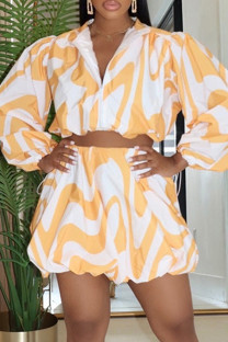Orange Casual Daily Print Basic V Neck Long Sleeve Two Pieces