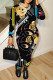 Black Brown Casual Letters Chain print Leopard Contrast O Neck Long Sleeve Two Pieces