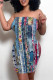 Multicolor Sexy Faux Denim Print Leopard Contrast Strapless Printed Dresses