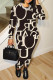 Black khaki Casual Letter Print Contrast O Neck Long Sleeve Two Pieces